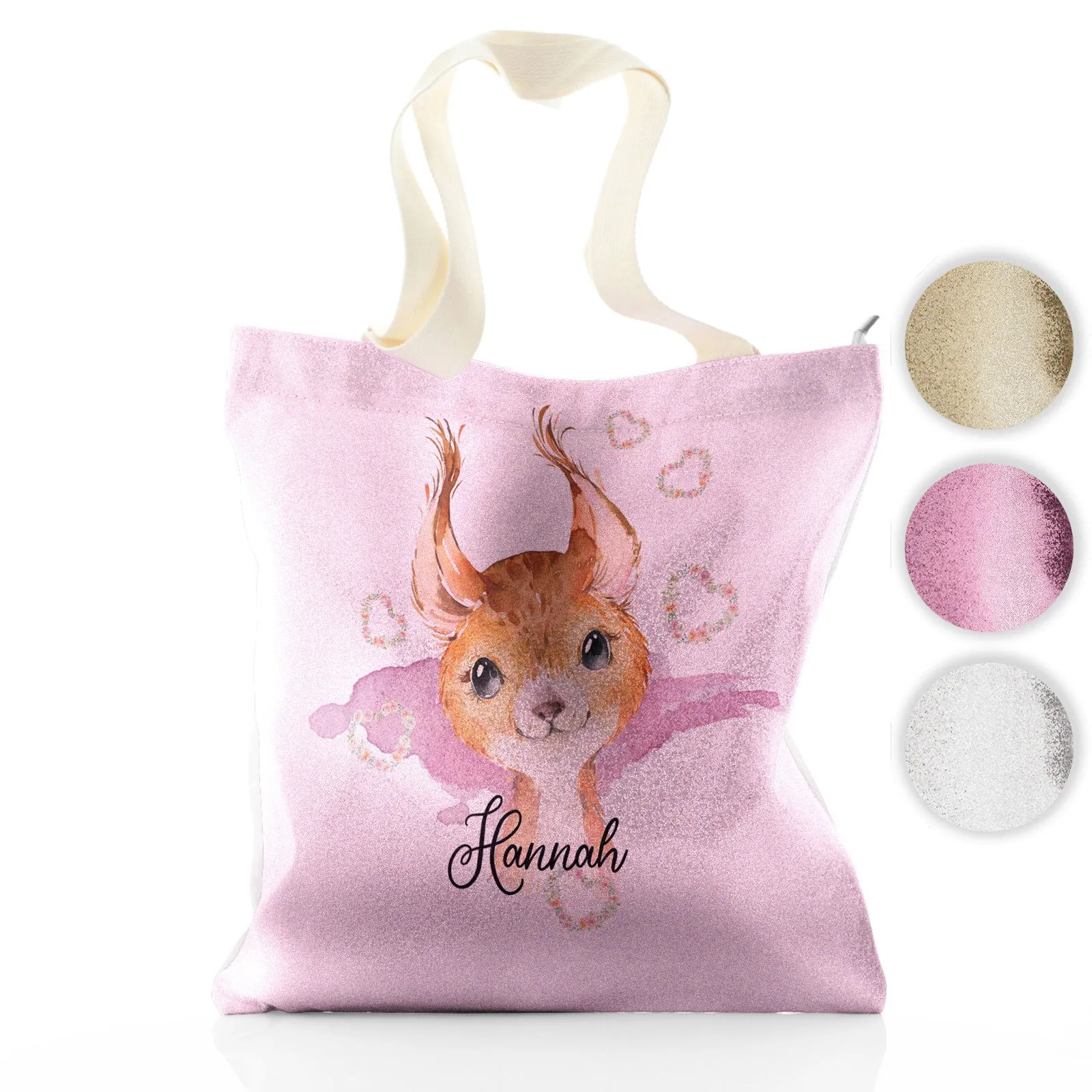 Personalised Glitter Tote Bag with Red squirrel Heart Wreaths and Cute Text