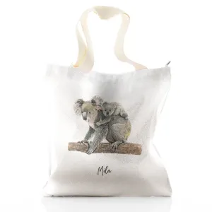 Personalised Glitter Tote Bag with Welcoming Text and Embracing Mum and Baby Koalas
