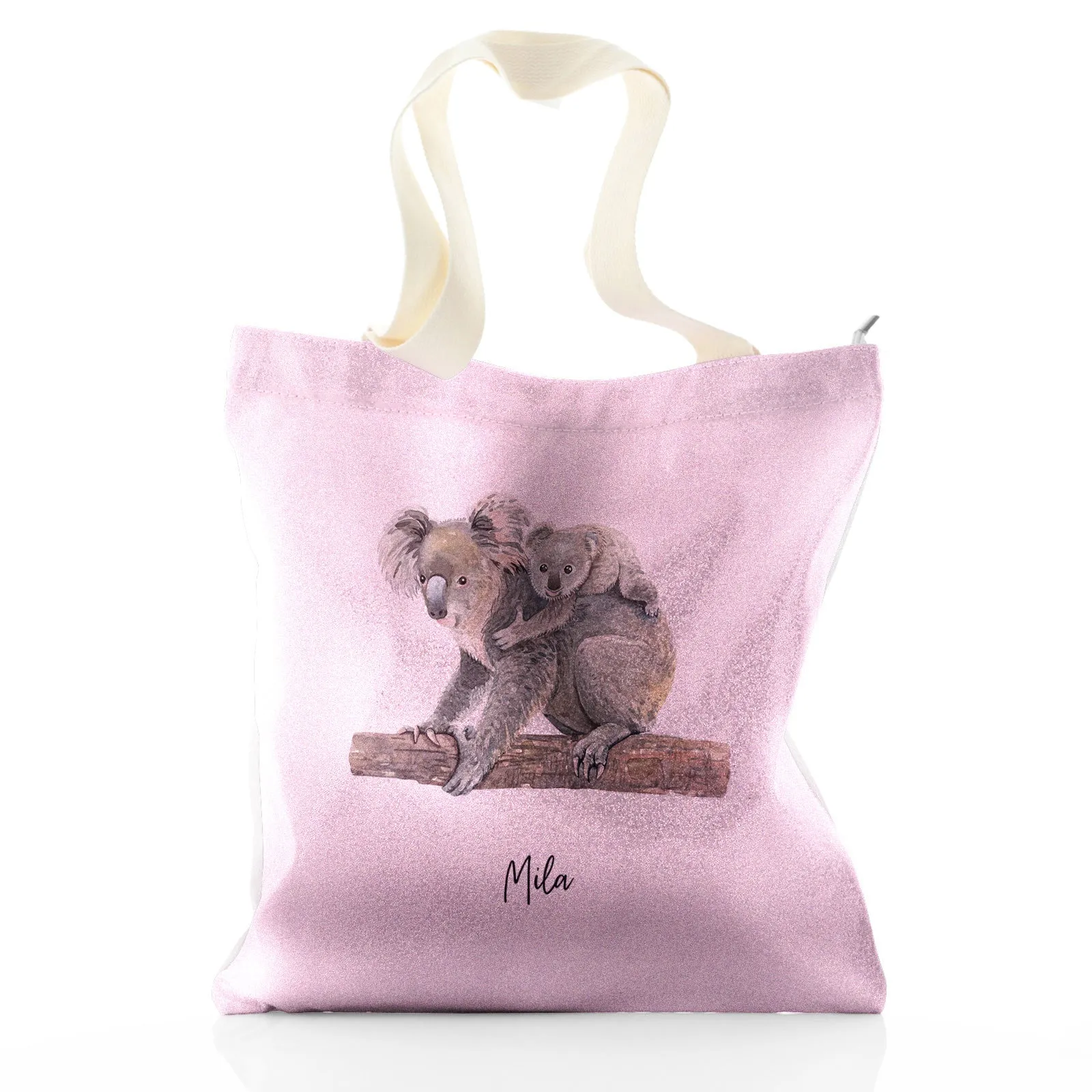 Personalised Glitter Tote Bag with Welcoming Text and Embracing Mum and Baby Koalas
