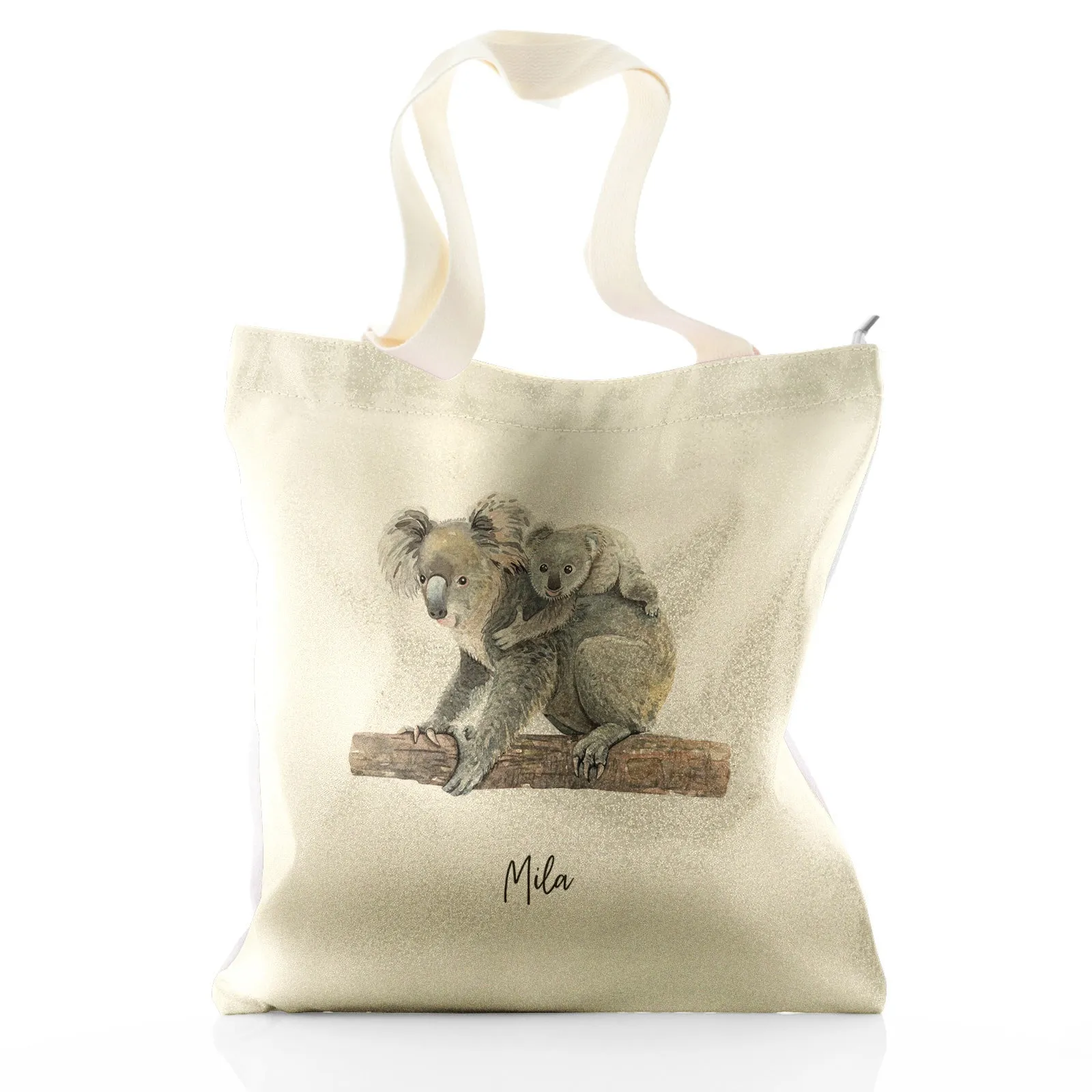 Personalised Glitter Tote Bag with Welcoming Text and Embracing Mum and Baby Koalas