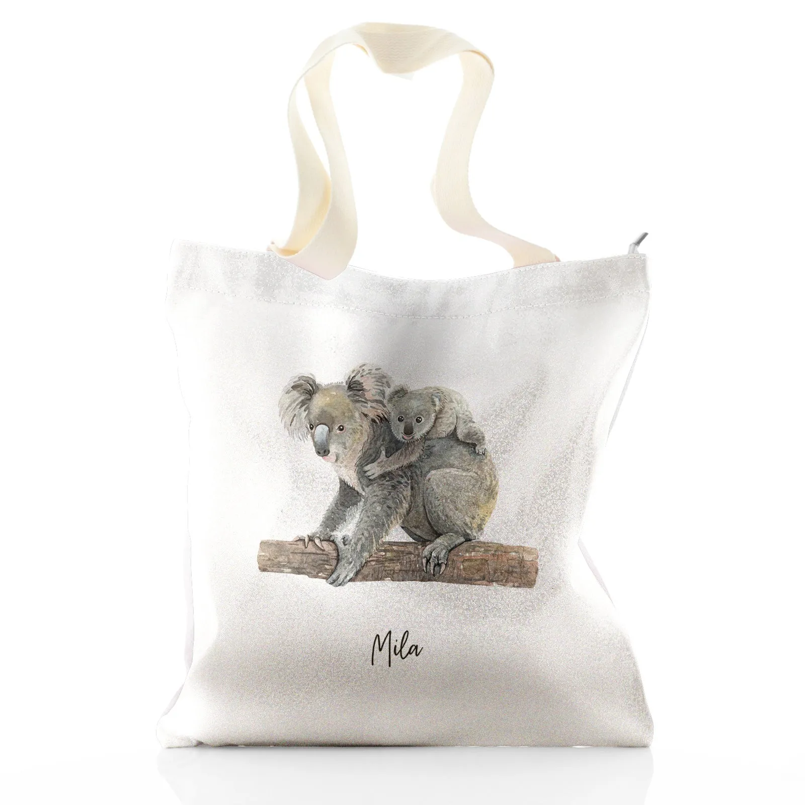 Personalised Glitter Tote Bag with Welcoming Text and Embracing Mum and Baby Koalas