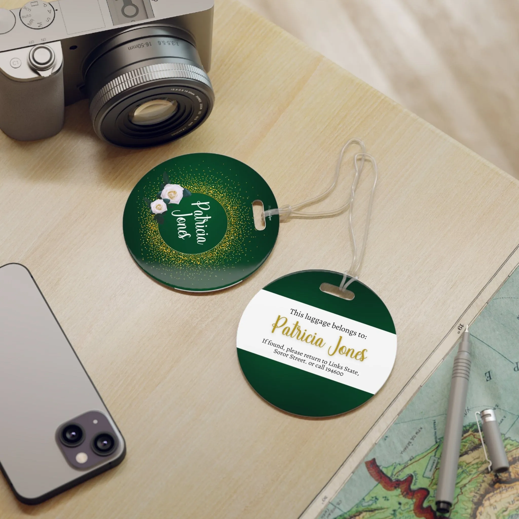 Personalized Gold and White Rose Luggage Tag