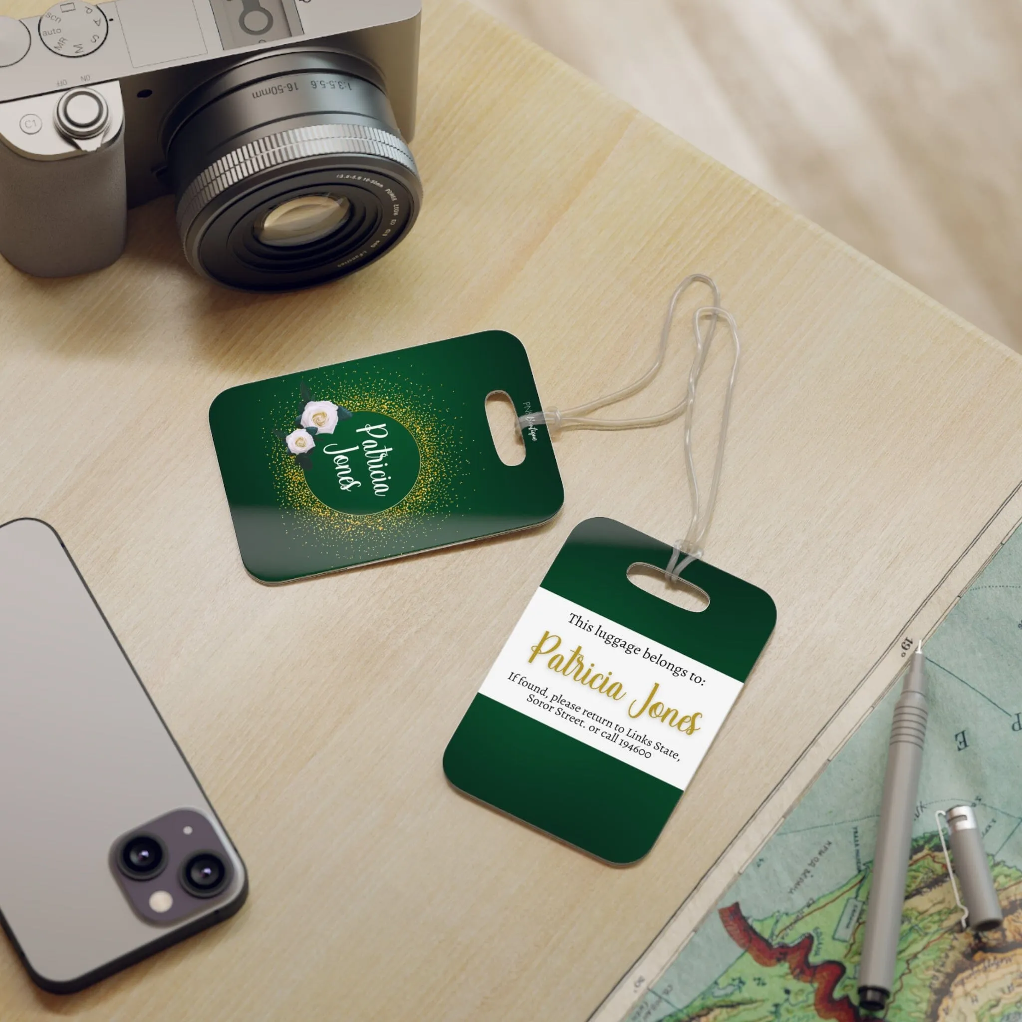 Personalized Gold and White Rose Luggage Tag