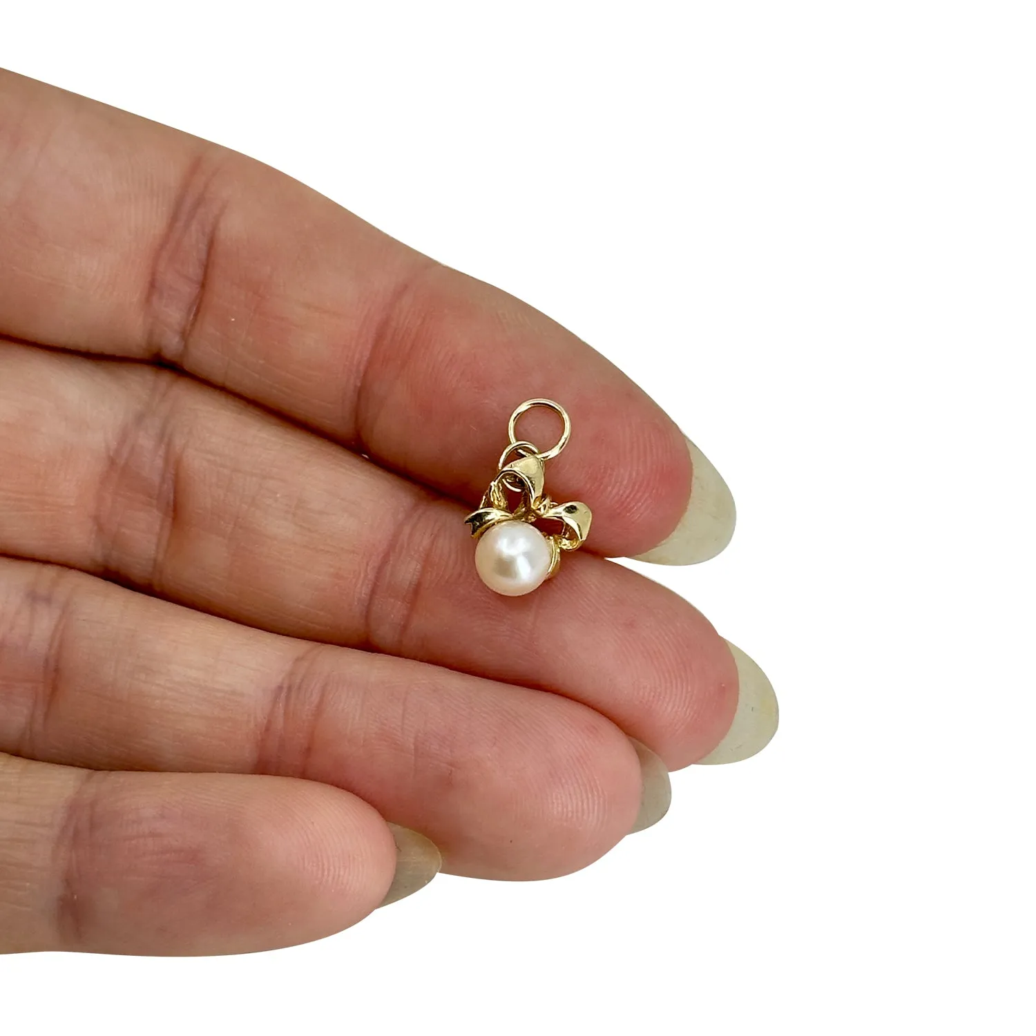 Petite Bow Mid Century Japanese Saltwater Akoya Cultured Pearl Vintage Charm Pendant- 14K Yellow Gold