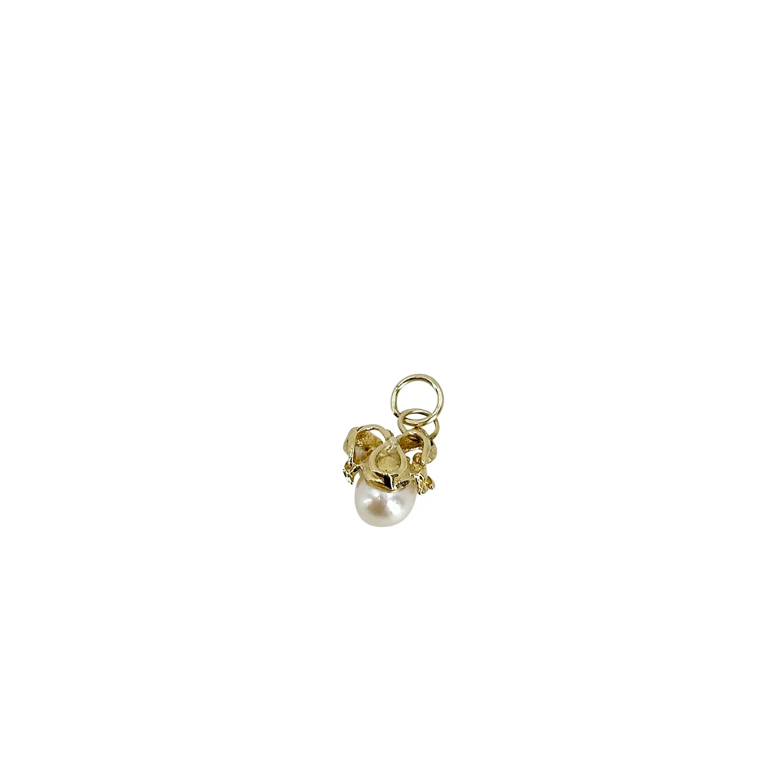 Petite Bow Mid Century Japanese Saltwater Akoya Cultured Pearl Vintage Charm Pendant- 14K Yellow Gold