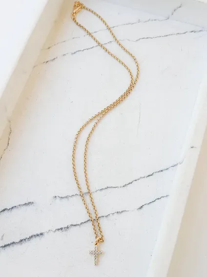 Petite CZ Cross Necklace - Gold