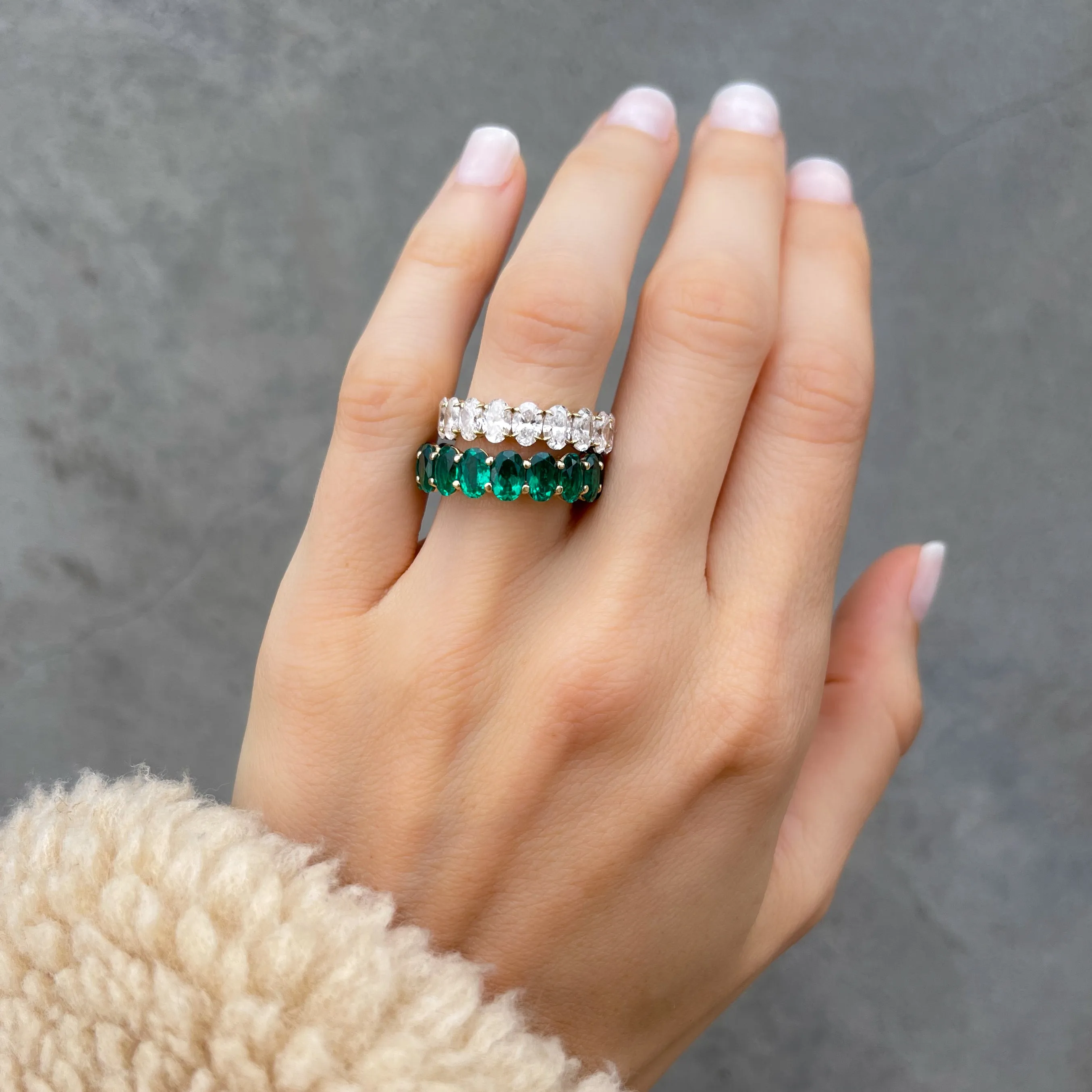 Petite Shared Prong Wedding Band with Green Emerald Oval Gemstones