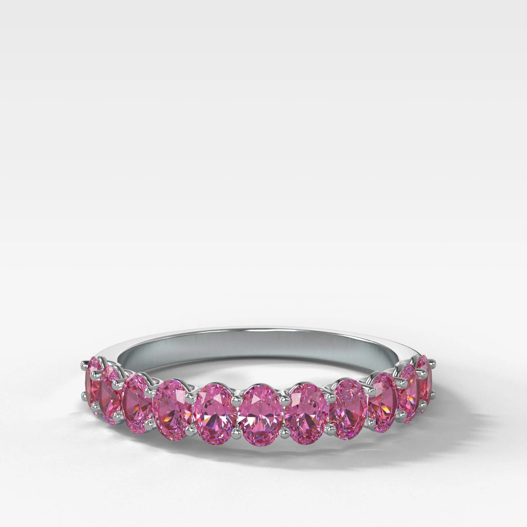 Petite Shared Prong Wedding Band with Pink Sapphire Oval Gemstones