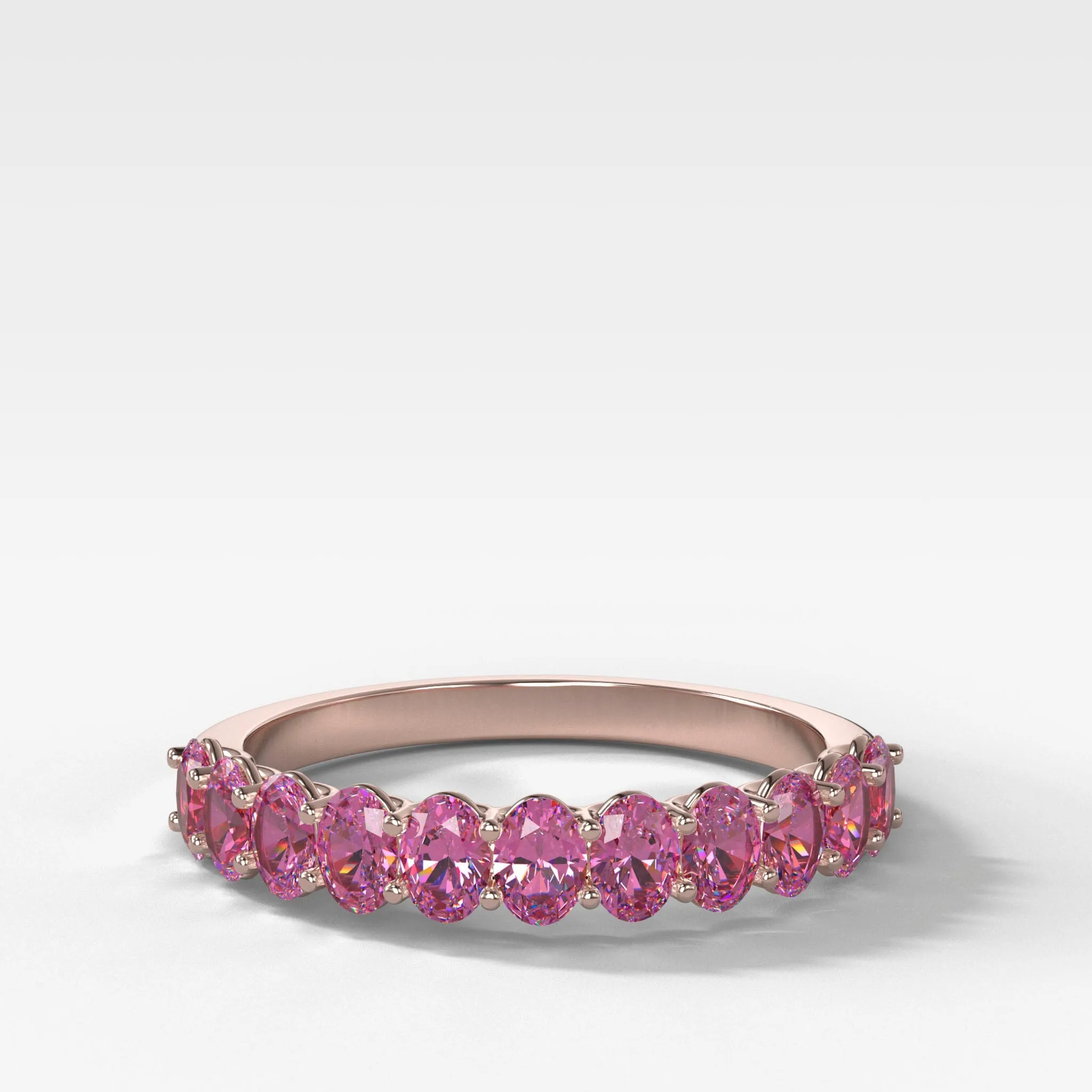 Petite Shared Prong Wedding Band with Pink Sapphire Oval Gemstones