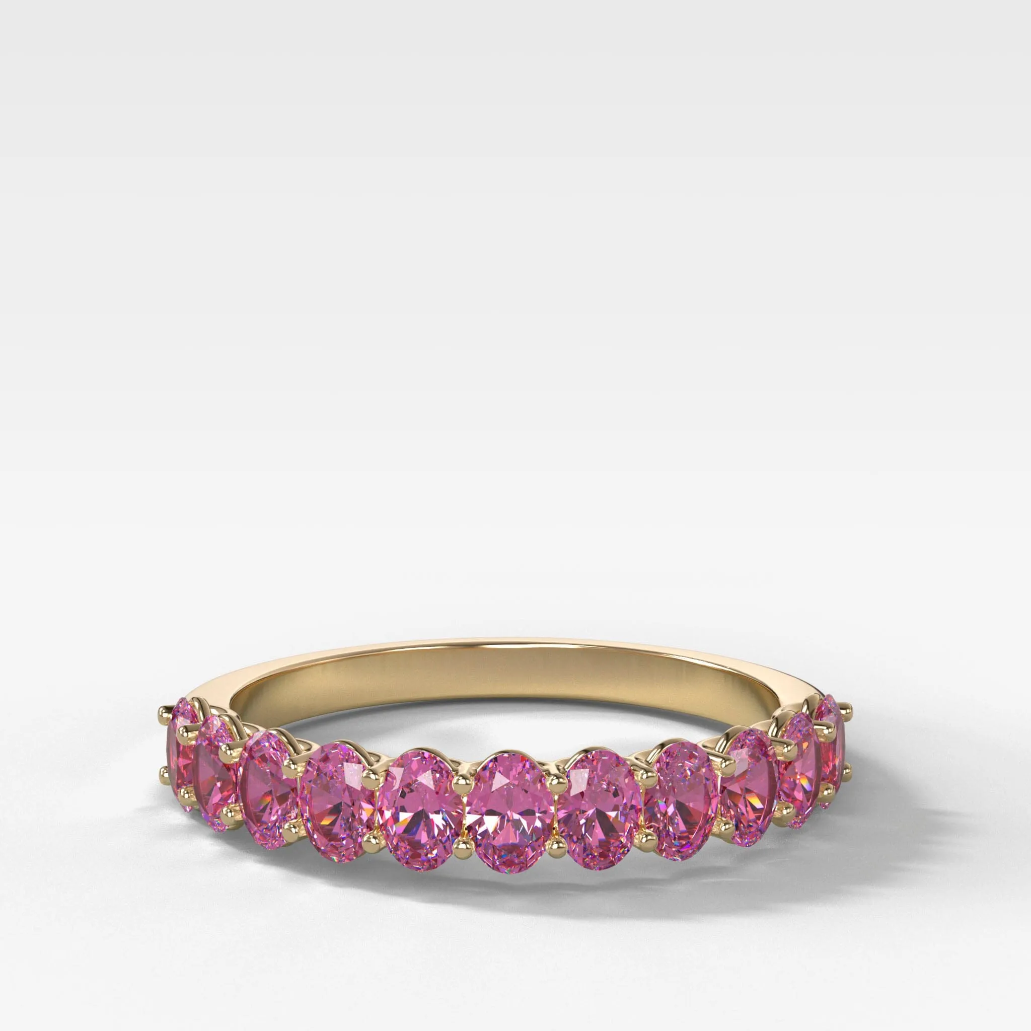 Petite Shared Prong Wedding Band with Pink Sapphire Oval Gemstones