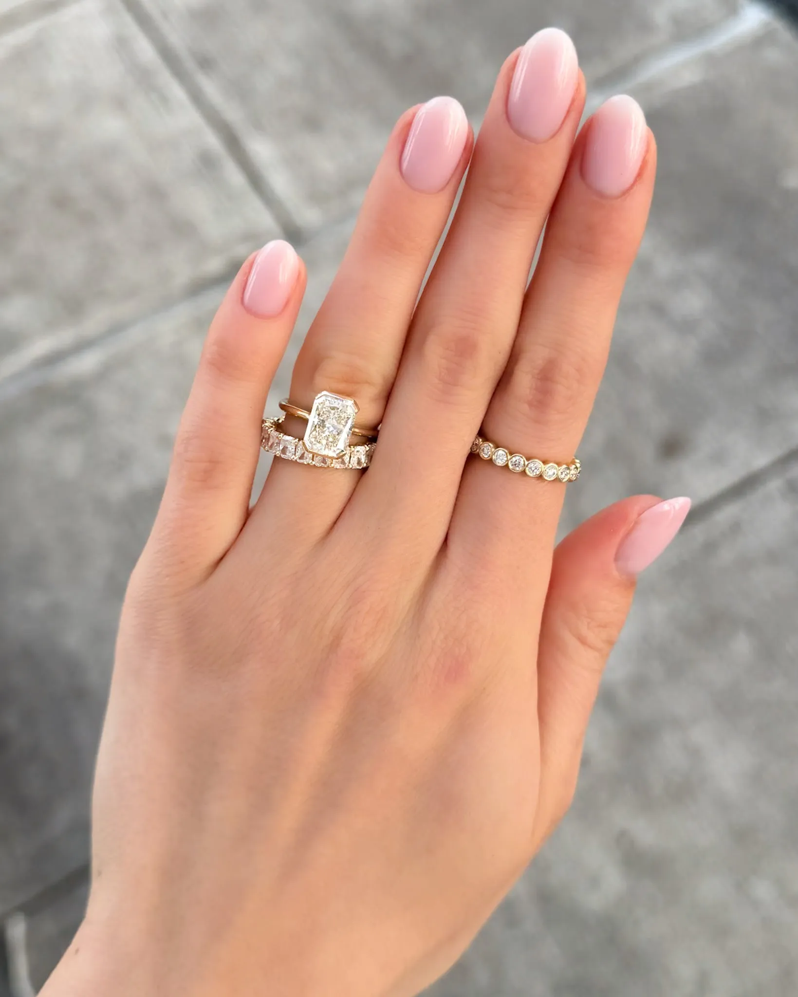 Petite Shared Prong Wedding Band with Radiant diamonds