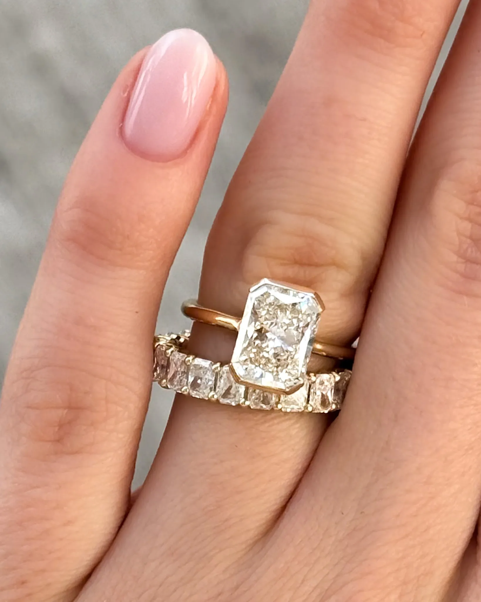Petite Shared Prong Wedding Band with Radiant diamonds
