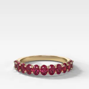 Petite Shared Prong Wedding Band with Red Ruby Oval Gemstones