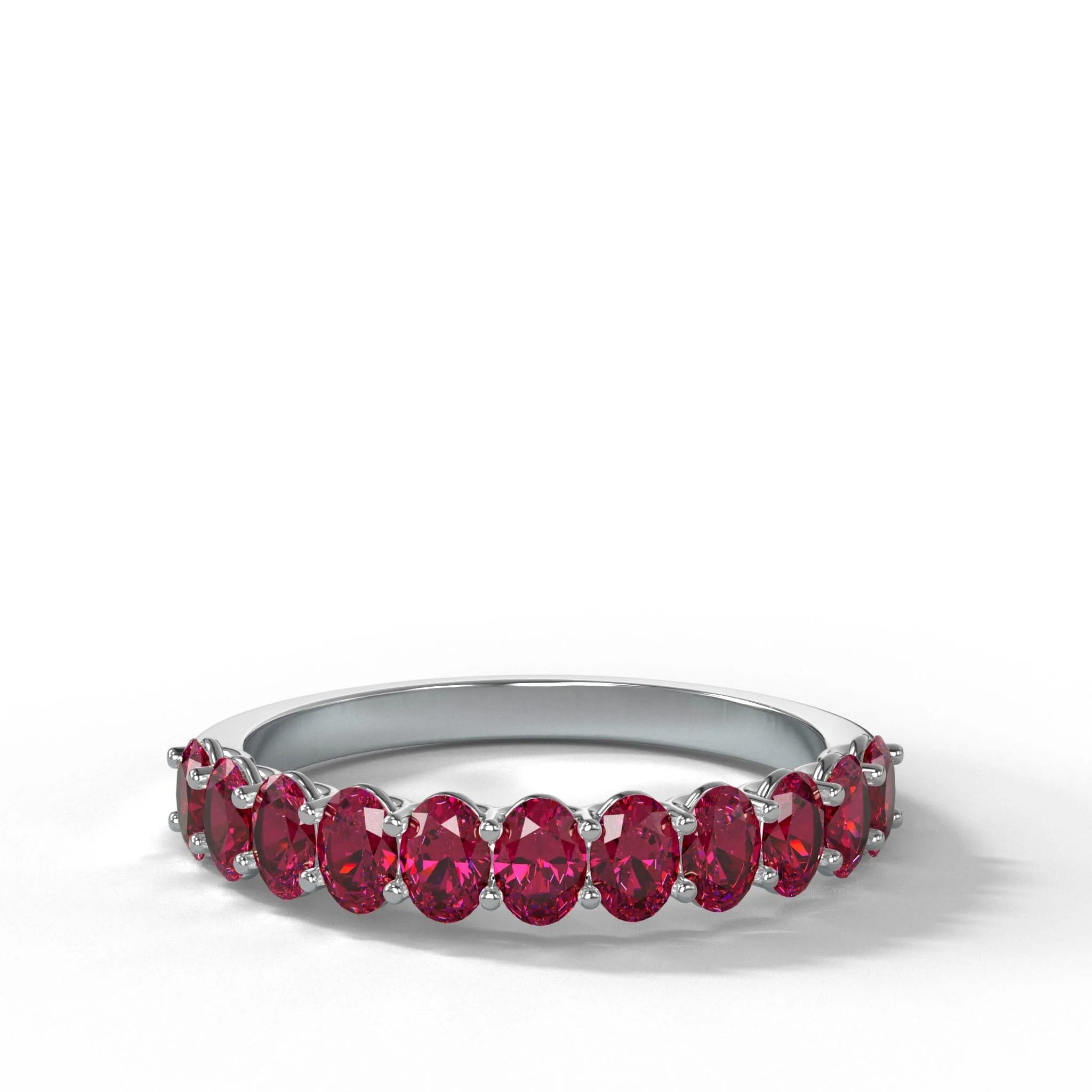 Petite Shared Prong Wedding Band with Red Ruby Oval Gemstones