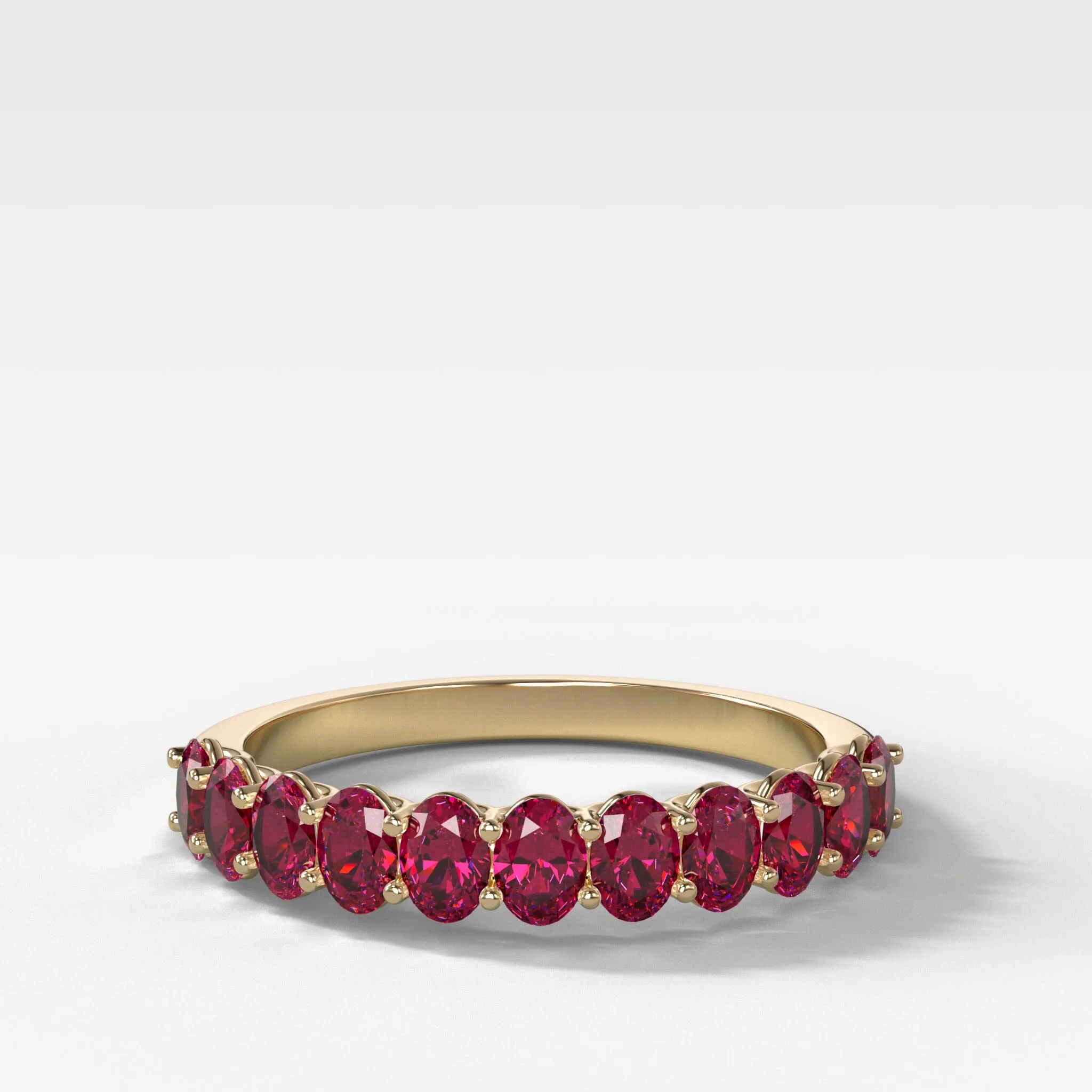 Petite Shared Prong Wedding Band with Red Ruby Oval Gemstones