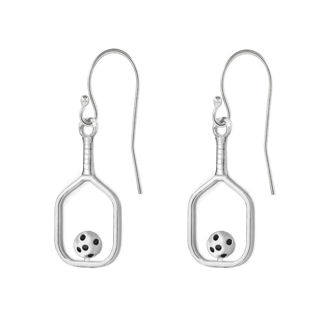 Pickleball Earrings | Open Paddle & Ball in White Gold