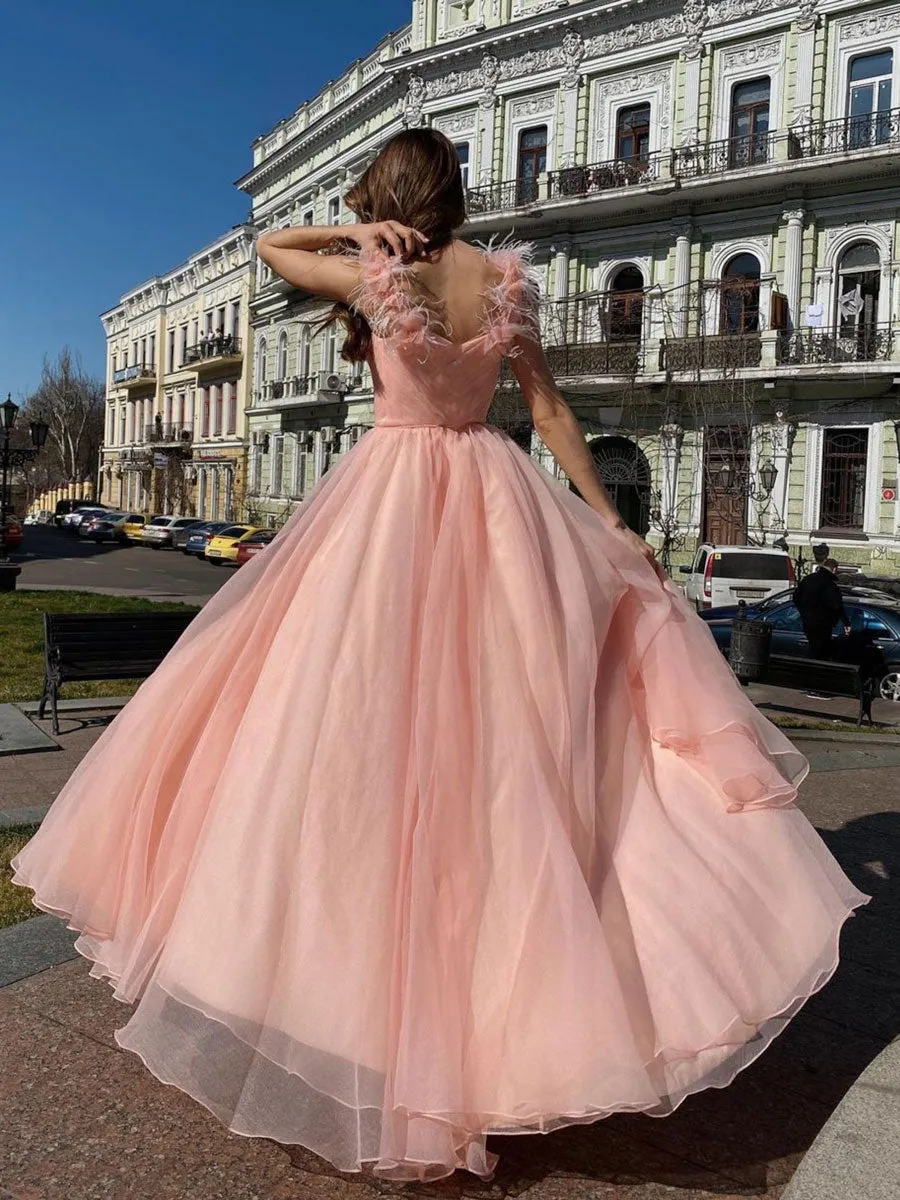 Pink A line tulle long prom dress, pink tulle formal dress
