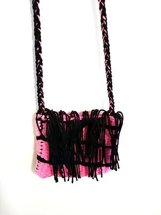 Pink Black Handmade Cross Body Bag with Tassels, Purse, Long Strap Bag, Handcrafted Yarn Bag