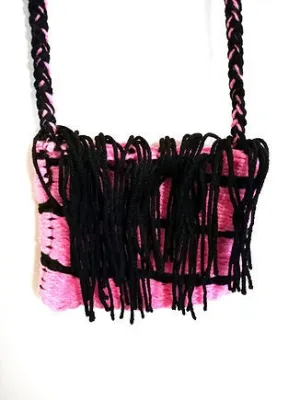 Pink Black Handmade Cross Body Bag with Tassels, Purse, Long Strap Bag, Handcrafted Yarn Bag