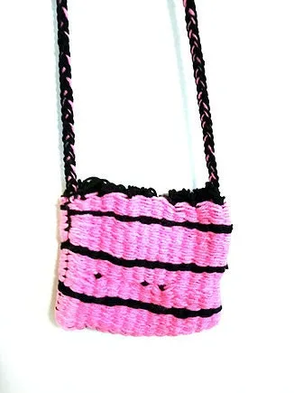 Pink Black Handmade Cross Body Bag with Tassels, Purse, Long Strap Bag, Handcrafted Yarn Bag