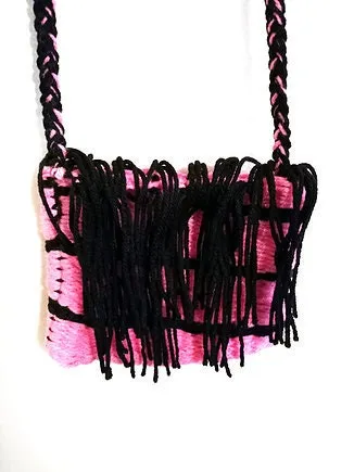 Pink Black Handmade Cross Body Bag with Tassels, Purse, Long Strap Bag, Handcrafted Yarn Bag