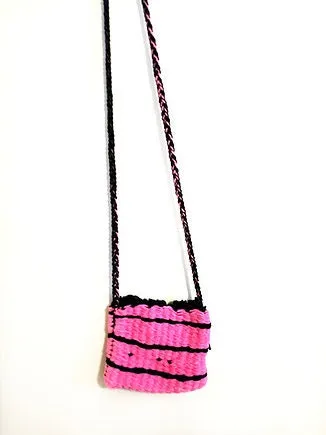Pink Black Handmade Cross Body Bag with Tassels, Purse, Long Strap Bag, Handcrafted Yarn Bag
