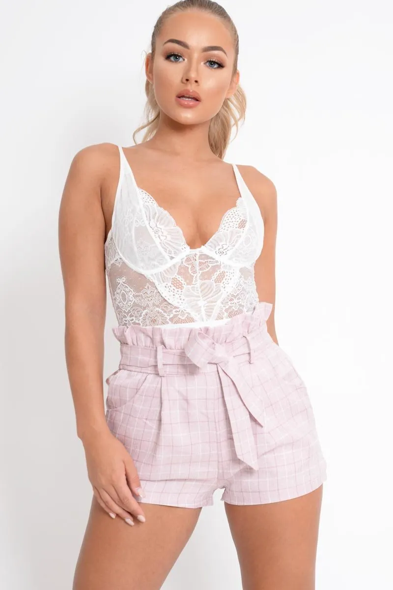 Pink Check Woven Paper Bag Shorts - Aleysa