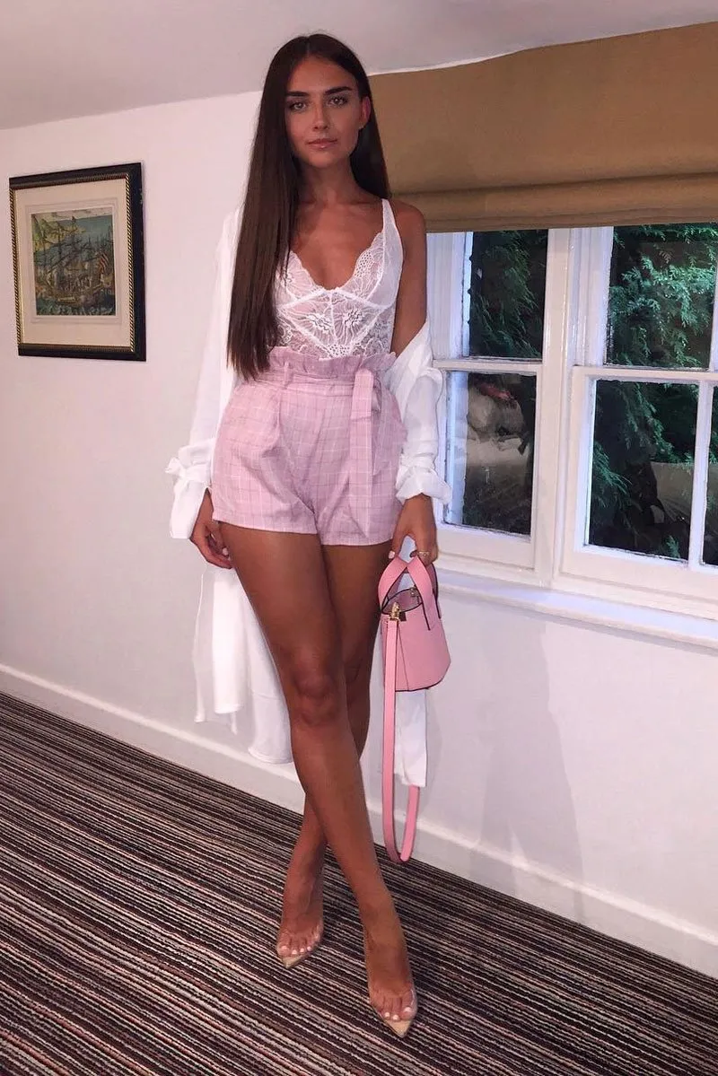 Pink Check Woven Paper Bag Shorts - Aleysa