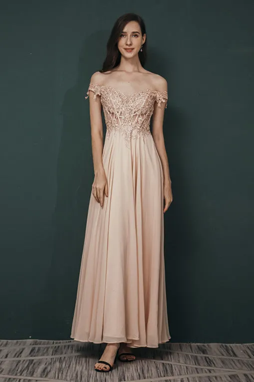 Pink Lace-up Off-the-shoulder Chiffon Formal Dress