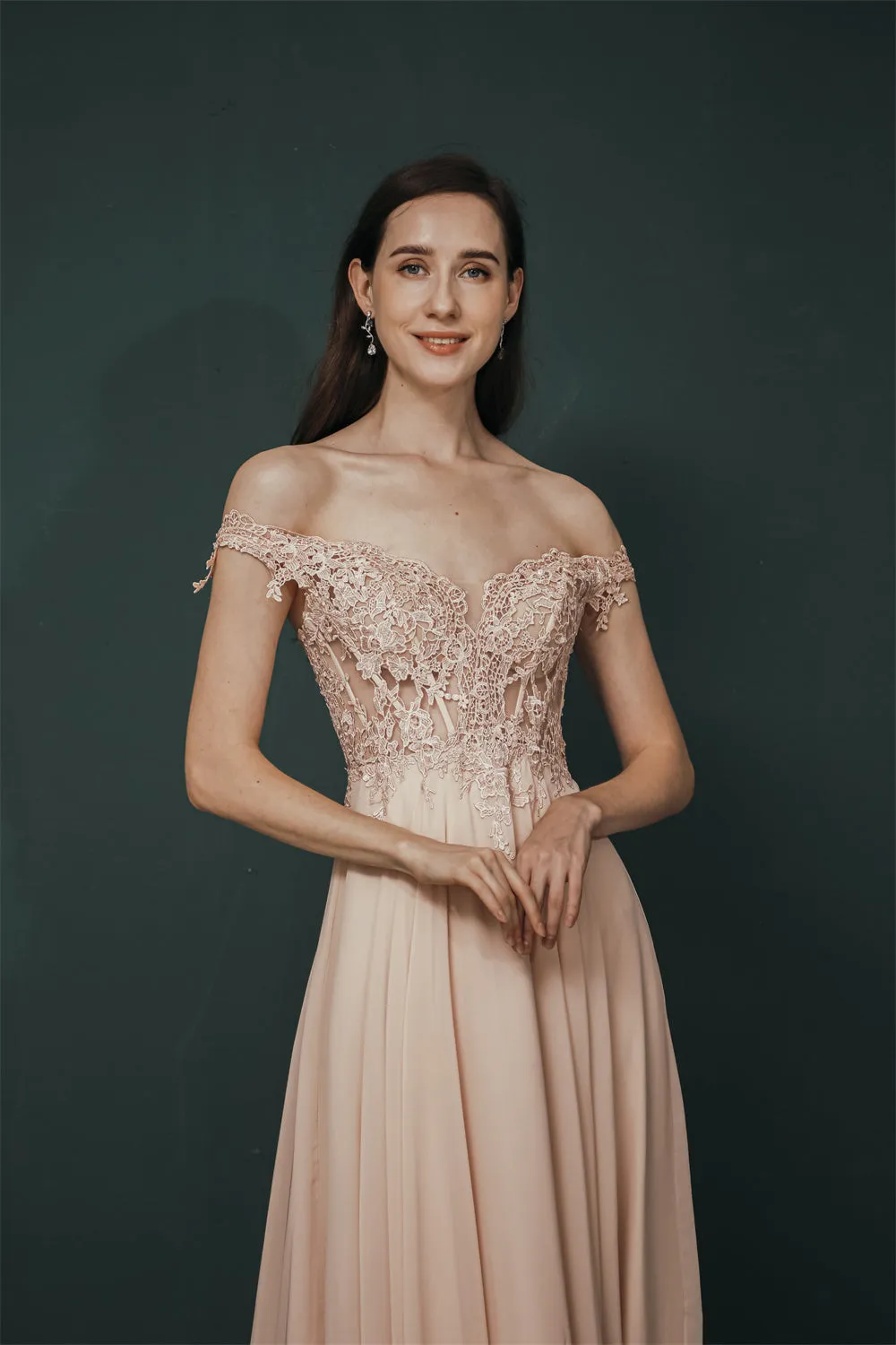 Pink Lace-up Off-the-shoulder Chiffon Formal Dress