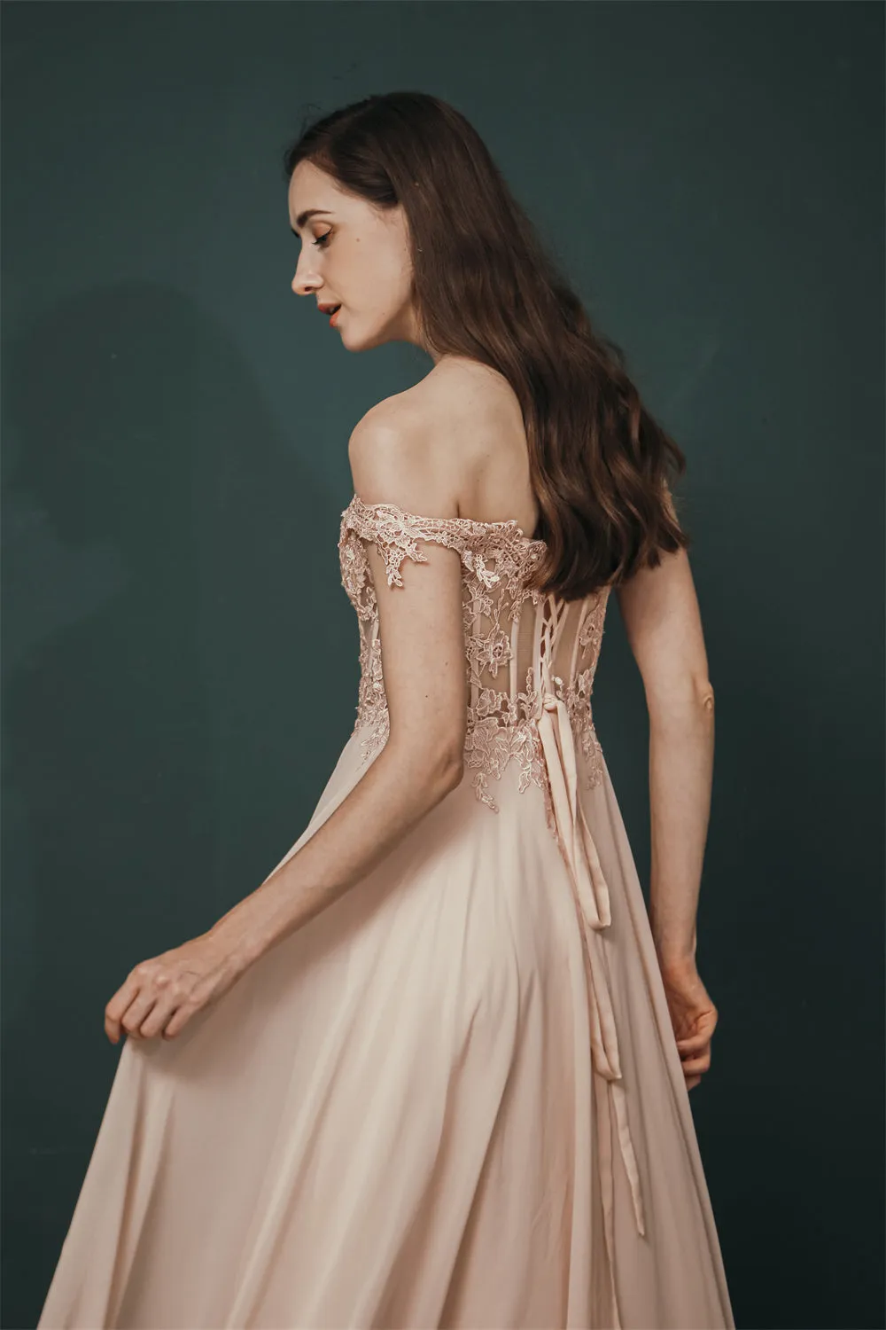 Pink Lace-up Off-the-shoulder Chiffon Formal Dress