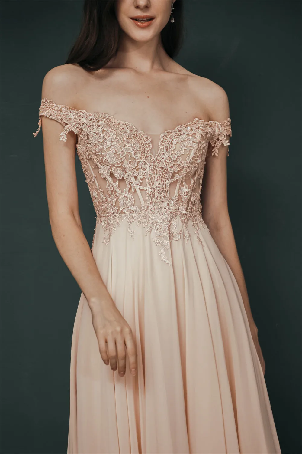 Pink Lace-up Off-the-shoulder Chiffon Formal Dress