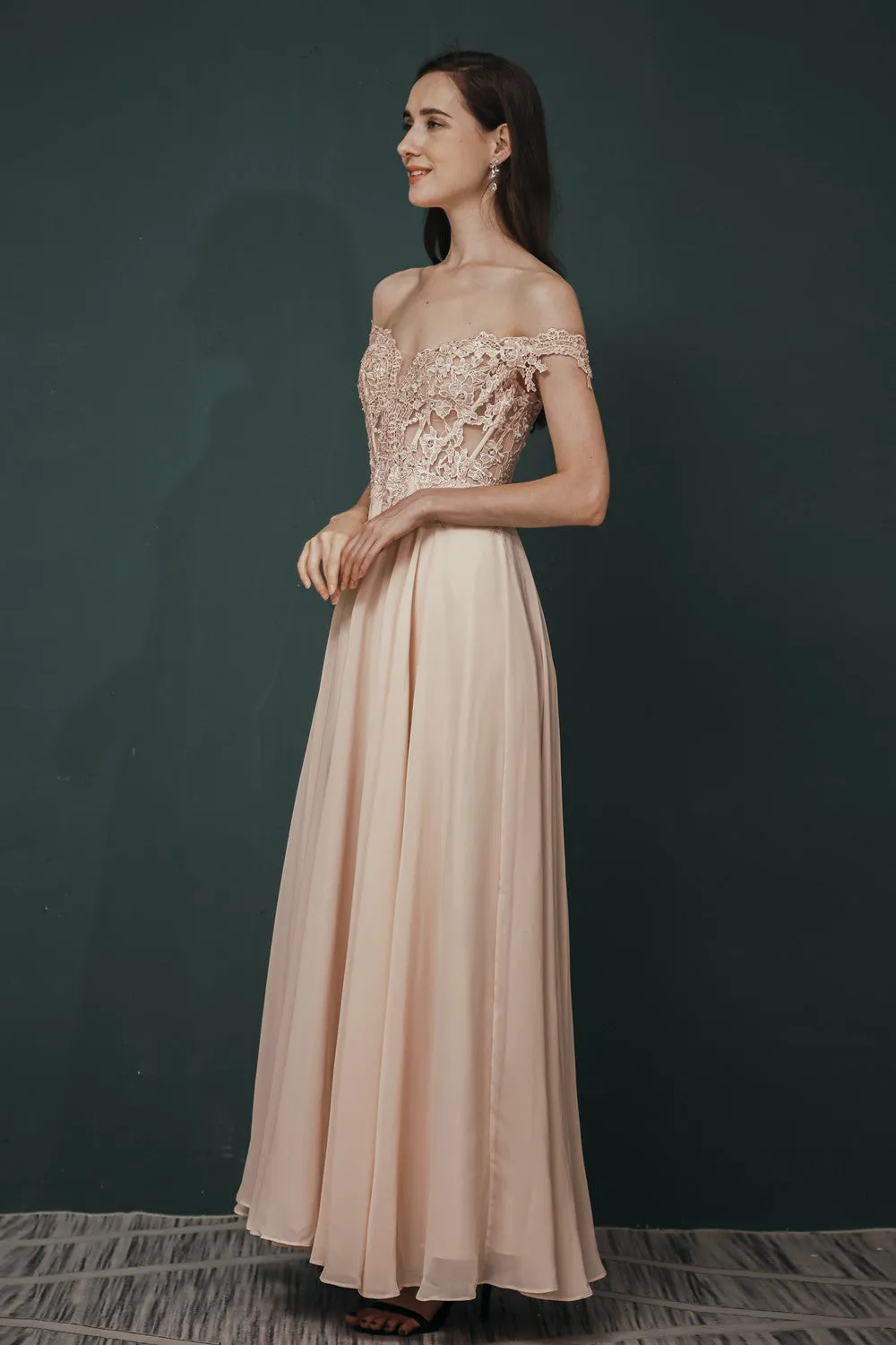 Pink Lace-up Off-the-shoulder Chiffon Formal Dress