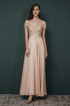 Pink Lace-up Off-the-shoulder Chiffon Formal Dress