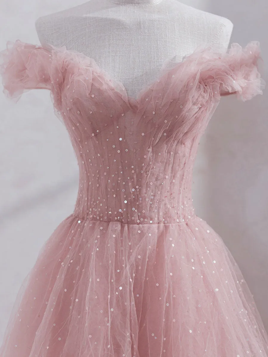 Pink off shoulder tulle sequin long prom dress, pink formal dress