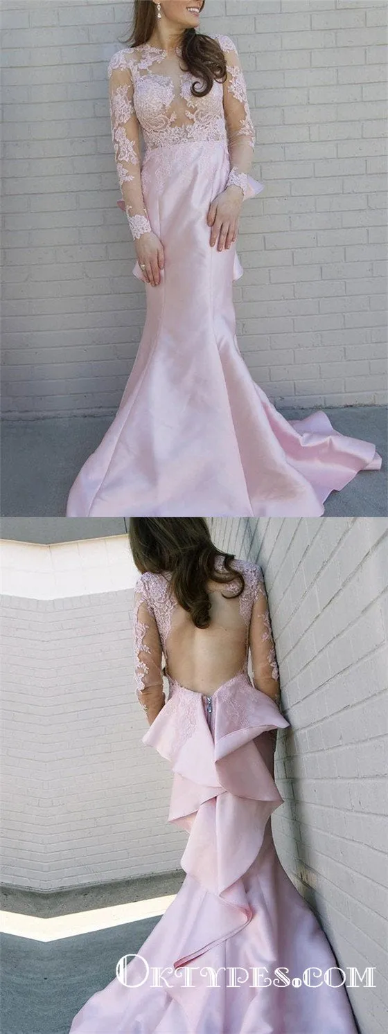 Pink round neck Long Sleeve Long Mermaid Prom Dresses With Applique, TYP1694