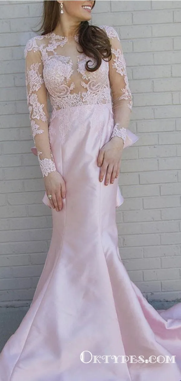 Pink round neck Long Sleeve Long Mermaid Prom Dresses With Applique, TYP1694