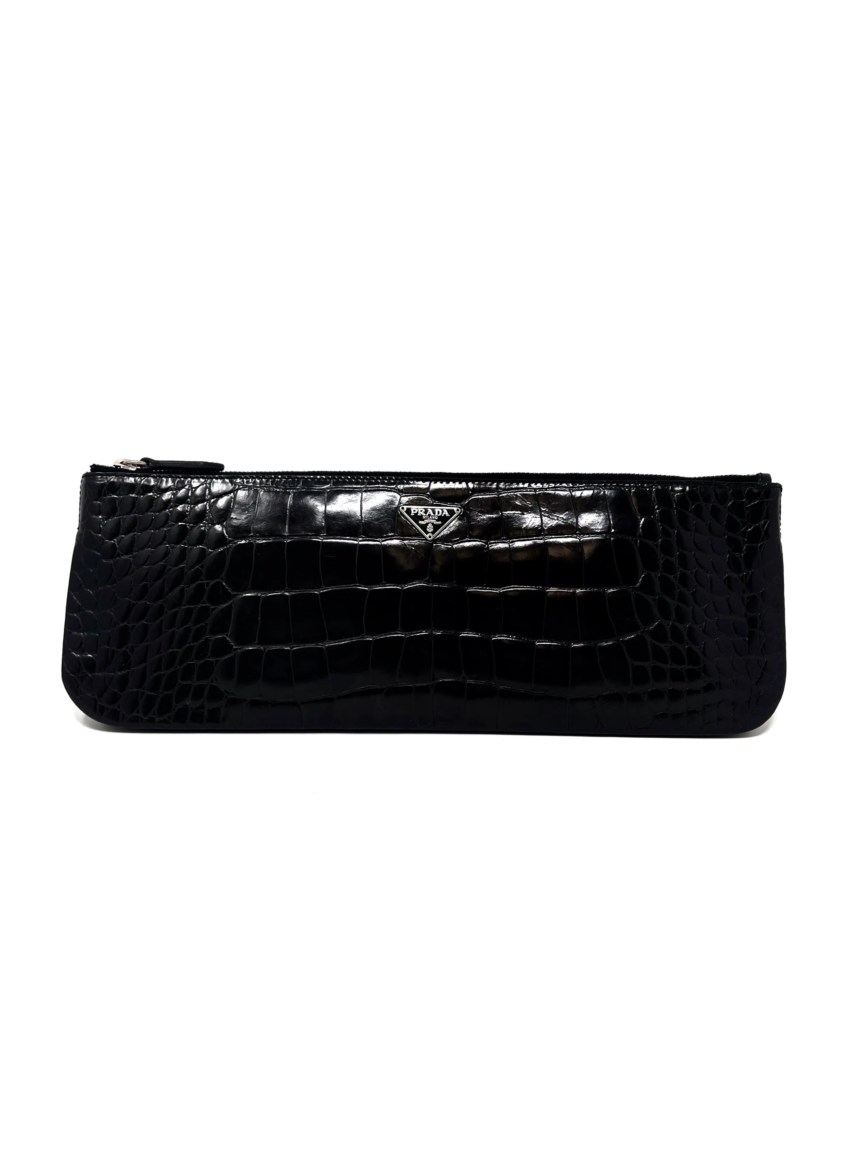 Prada Black Croc Embossed Elongated Leather Clutch