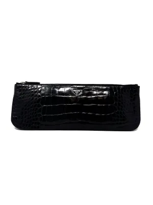 Prada Black Croc Embossed Elongated Leather Clutch