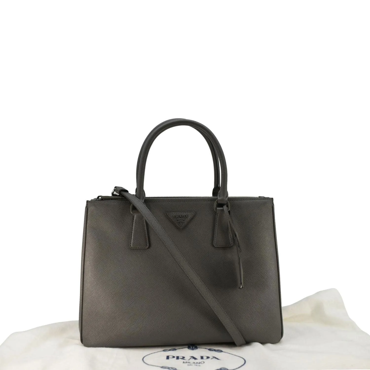 PRADA Galleria Double-Zip Medium Saffiano Leather Tote Bag Gray