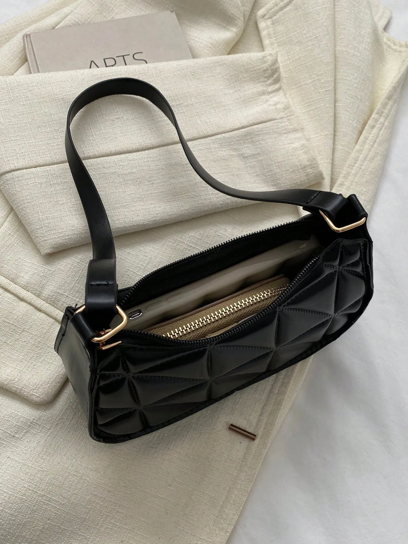 Pu Material Plaid Zipper Shoulder Bag
