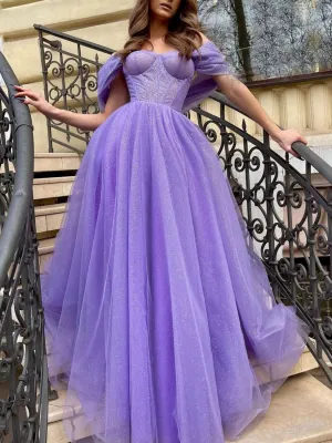 Purple tulle A line long prom dress, purple tulle evening dress