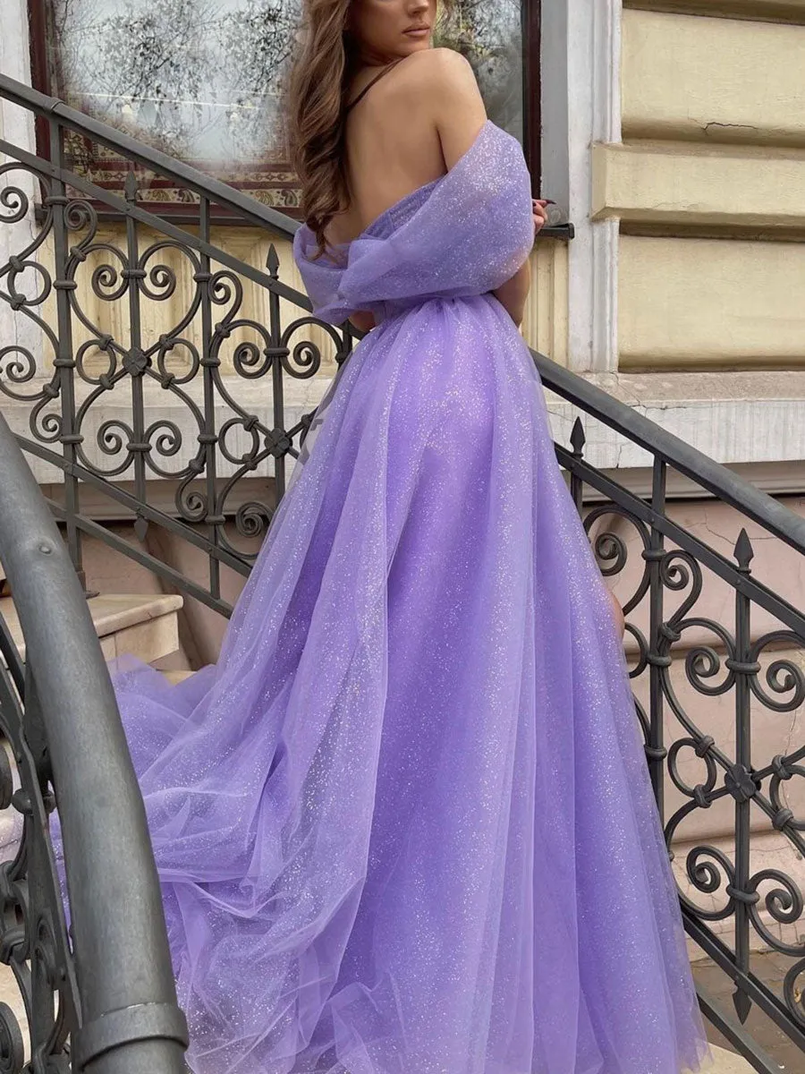 Purple tulle A line long prom dress, purple tulle evening dress