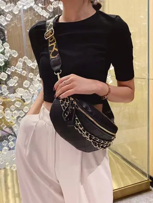 Quilted Chain Decor Waist Bag - Black
