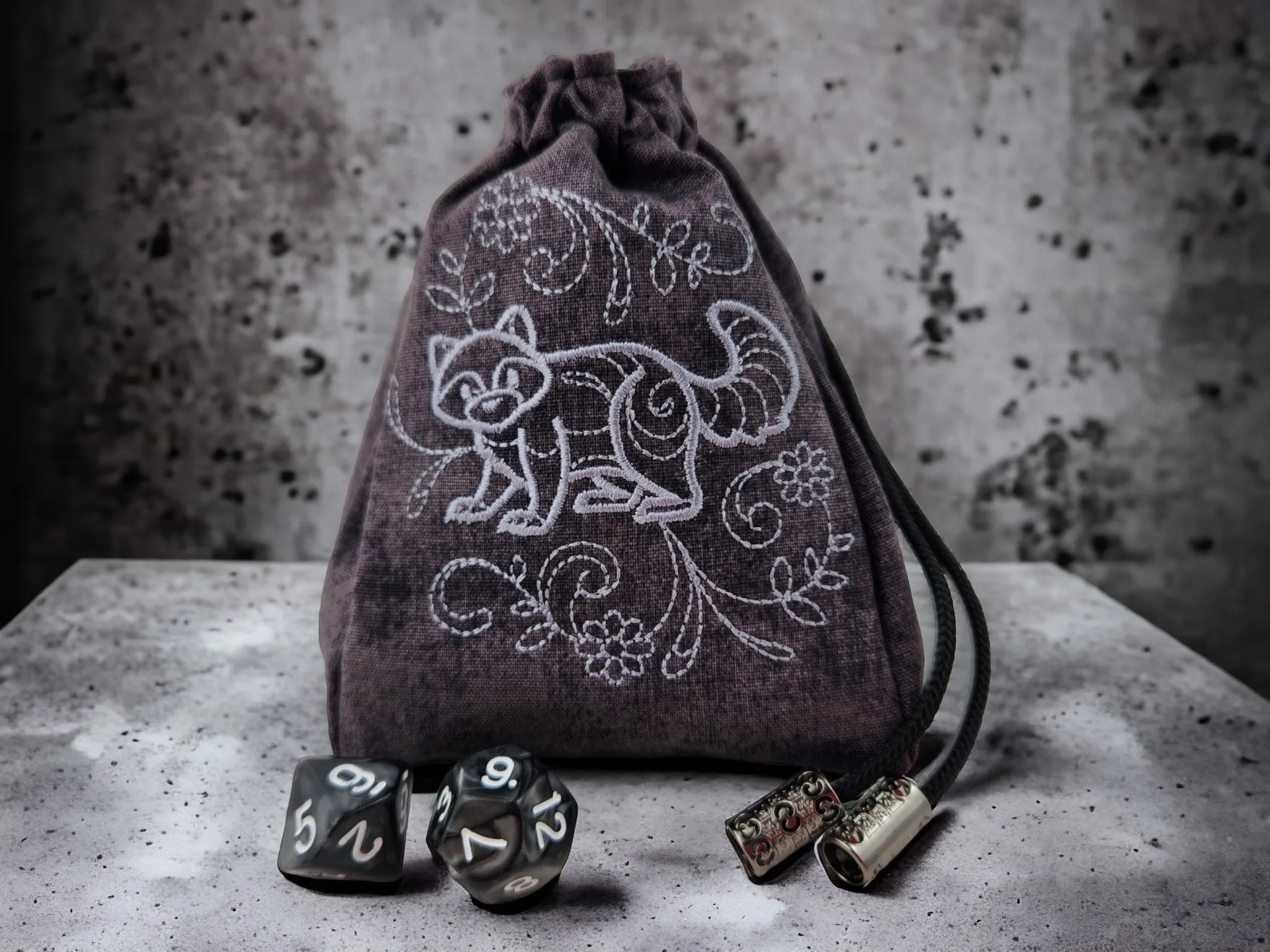 Raccoon and Flower Dice Bag