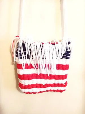 Red Blue White Handmade Cross Body Bag with Tassels, Purse, Long Strap Bag, Handcrafted Yarn Bag