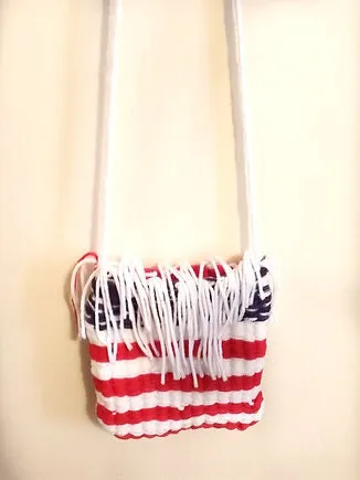 Red Blue White Handmade Cross Body Bag with Tassels, Purse, Long Strap Bag, Handcrafted Yarn Bag