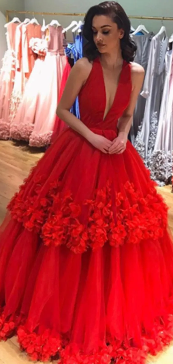 Red Charming Deep V-neck Ball Gown Tulle Long Cheap Prom Dresses, TYP1436