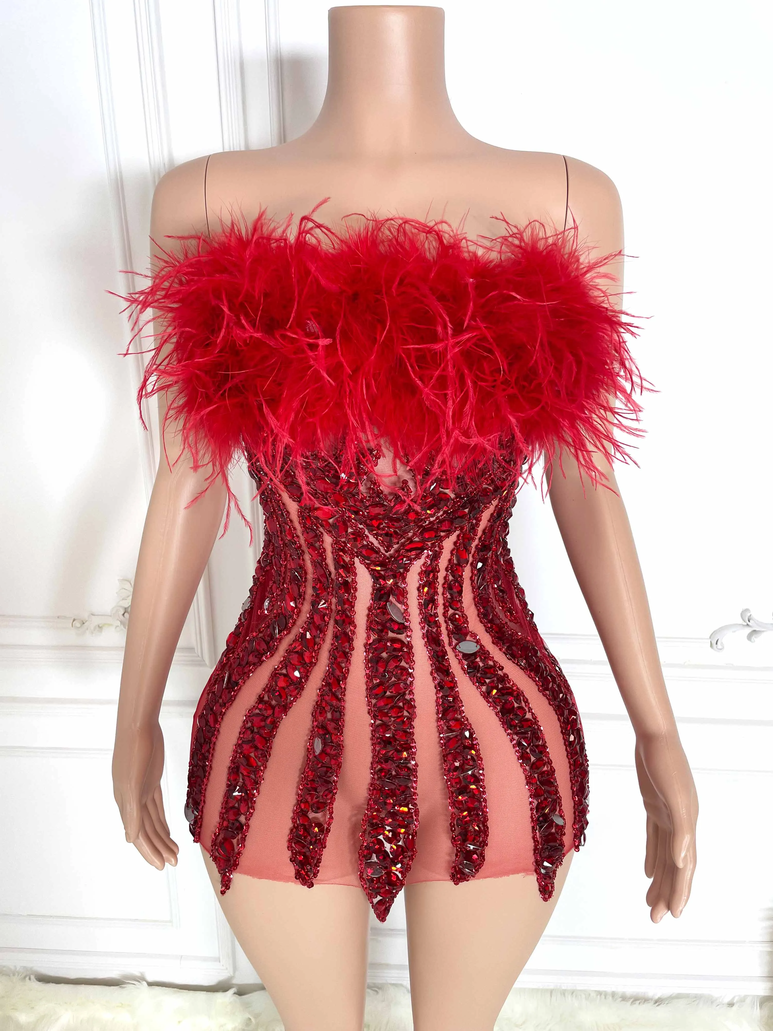 Red Fur and Rhinestone Strapless Sleeveless Mini Dress