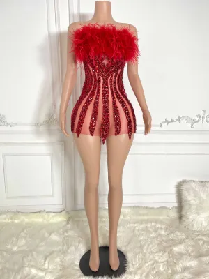 Red Fur and Rhinestone Strapless Sleeveless Mini Dress
